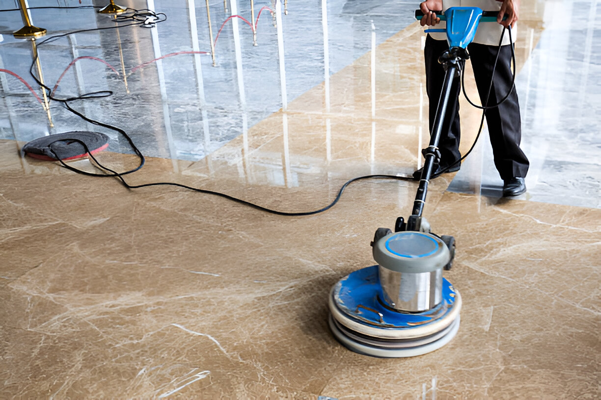 People polishes floor indoors